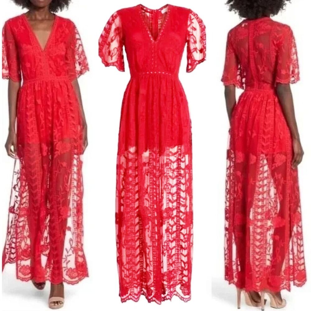 Socialite Red Sheer Lace Maxi Dress Romper Shorts (XL) Garden Wedding Party